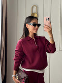 Riona | Knit Two Piece Set – Casual Polo Neck Long Sleeve Wide Leg Pants
