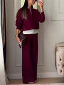 Riona | Knit Two Piece Set – Casual Polo Neck Long Sleeve Wide Leg Pants