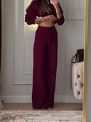 Riona | Knit Two Piece Set – Casual Polo Neck Long Sleeve Wide Leg Pants