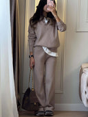 Riona | Knit Two Piece Set – Casual Polo Neck Long Sleeve Wide Leg Pants
