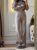 Riona | Knit Two Piece Set – Casual Polo Neck Long Sleeve Wide Leg Pants