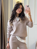 Riona | Knit Two Piece Set – Casual Polo Neck Long Sleeve Wide Leg Pants
