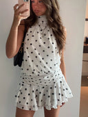 River | Polka Dot Halterneck Mini – High Neck Ruffle Hem Pleated Party Dress