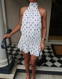 River | Polka Dot Halterneck Mini – High Neck Ruffle Hem Pleated Party Dress