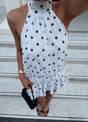 River | Polka Dot Halterneck Mini – High Neck Ruffle Hem Pleated Party Dress