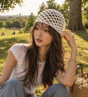 Robyn | Crochet Sequin Head Scarf – Summer Open Knit Cap Pearl Trim