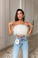 Romee | Feather Crop Top – Strapless Bandeau Fluffy Going Out Party Top