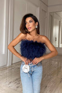 Romee | Feather Crop Top – Strapless Bandeau Fluffy Going Out Party Top