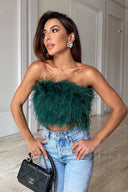 Romee | Feather Crop Top – Strapless Bandeau Fluffy Going Out Party Top