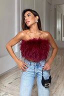 Romee | Feather Crop Top – Strapless Bandeau Fluffy Going Out Party Top