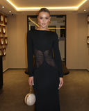 Romina | Round Neck Sheer Mesh Waist Maxi – Long Sleeve Bodycon Evening Dress