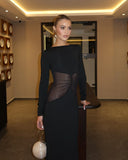 Romina | Round Neck Sheer Mesh Waist Maxi – Long Sleeve Bodycon Evening Dress