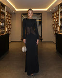 Romina | Round Neck Sheer Mesh Waist Maxi – Long Sleeve Bodycon Evening Dress