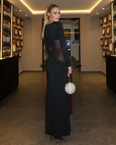 Romina | Round Neck Sheer Mesh Waist Maxi – Long Sleeve Bodycon Evening Dress