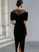Rory | Cocktail Midi Dress – Sheer Boat Neck Oversized Bow Short Sleeve