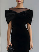 Rory | Cocktail Midi Dress – Sheer Boat Neck Oversized Bow Short Sleeve