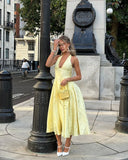 Rosalie | Floral Print Midi – Halter Neck Deep V Corset Full Skirt Wedding Guest Dress