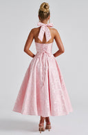 Rosalie | Floral Print Midi – Halter Neck Deep V Corset Full Skirt Wedding Guest Dress