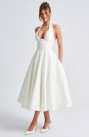 Rosalie | Floral Print Midi – Halter Neck Deep V Corset Full Skirt Wedding Guest Dress