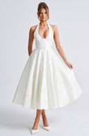 Rosalie | Floral Print Midi – Halter Neck Deep V Corset Full Skirt Wedding Guest Dress