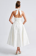 Rosalie | Floral Print Midi – Halter Neck Deep V Corset Full Skirt Wedding Guest Dress