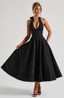 Rosalie | Floral Print Midi – Halter Neck Deep V Corset Full Skirt Wedding Guest Dress