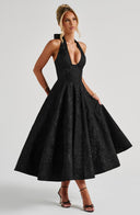 Rosalie | Floral Print Midi – Halter Neck Deep V Corset Full Skirt Wedding Guest Dress