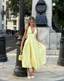 Rosalie | Floral Print Midi – Halter Neck Deep V Corset Full Skirt Wedding Guest Dress