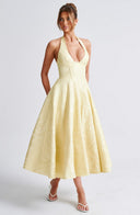 Rosalie | Floral Print Midi – Halter Neck Deep V Corset Full Skirt Wedding Guest Dress
