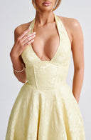 Rosalie | Floral Print Midi – Halter Neck Deep V Corset Full Skirt Wedding Guest Dress