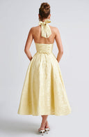 Rosalie | Floral Print Midi – Halter Neck Deep V Corset Full Skirt Wedding Guest Dress