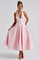 Rosalie | Floral Print Midi – Halter Neck Deep V Corset Full Skirt Wedding Guest Dress