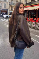 Rosemary | Oversized Aviator Jacket – Wide Lapel Button Front Cuff Trim
