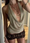 Rosie | Lurex Halter Crop Top – Deep V Cowl Neck Metallic Knit Party Top