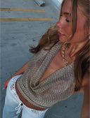 Rosie | Lurex Halter Crop Top – Deep V Cowl Neck Metallic Knit Party Top