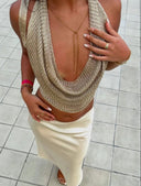 Rosie | Lurex Halter Crop Top – Deep V Cowl Neck Metallic Knit Party Top