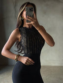 Roxanne | Lace Bodice Midi – High Neck Sleeveless Sheer Panel Body-Con Party Dress