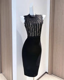 Roxanne | Lace Bodice Midi – High Neck Sleeveless Sheer Panel Body-Con Party Dress