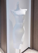 Roxanne | Lace Bodice Midi – High Neck Sleeveless Sheer Panel Body-Con Party Dress