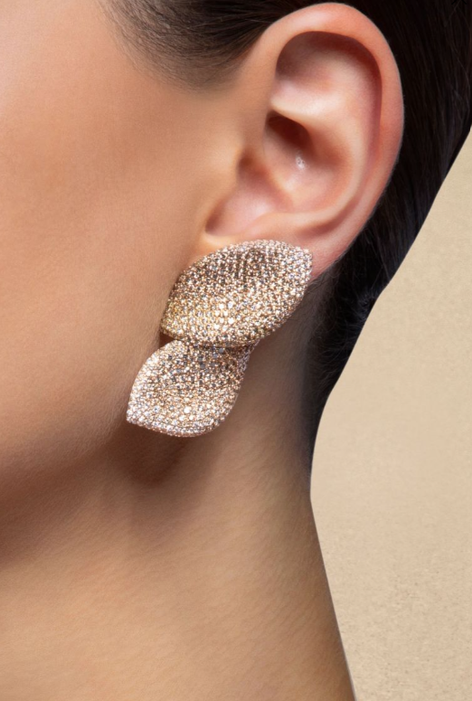 Ruby | Pavé Crystal Leaf Stud Earrings – Double Panel Statement Party Jewellery