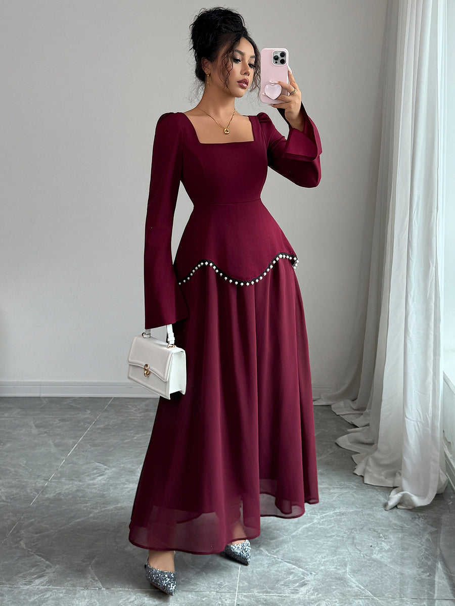 Rylie | Pearl Trim Maxi Dress – Evening Square Neck Long Bell Sleeve