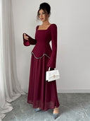 Rylie | Pearl Trim Maxi Dress – Evening Square Neck Long Bell Sleeve
