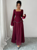Rylie | Pearl Trim Maxi Dress – Evening Square Neck Long Bell Sleeve