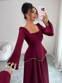 Rylie | Pearl Trim Maxi Dress – Evening Square Neck Long Bell Sleeve