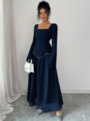 Rylie | Pearl Trim Maxi Dress – Evening Square Neck Long Bell Sleeve