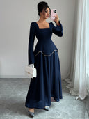 Rylie | Pearl Trim Maxi Dress – Evening Square Neck Long Bell Sleeve