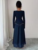 Rylie | Pearl Trim Maxi Dress – Evening Square Neck Long Bell Sleeve