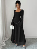 Rylie | Pearl Trim Maxi Dress – Evening Square Neck Long Bell Sleeve