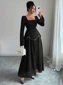 Rylie | Pearl Trim Maxi Dress – Evening Square Neck Long Bell Sleeve
