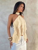 Sabrina | Ruffle Halter Top – Sheer Layered Sleeveless Party Blouse